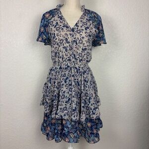 Melloday Floral Ruffle Dress SZ M Blue Pink V-Neck Tiered Boho Cottagecore Girly
